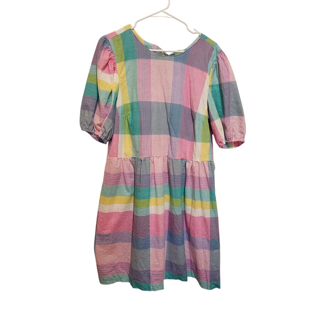 Handmade Puff Sleeve Casual Handsewn Plaid A-Line Mini Shirt Dress Size Medium